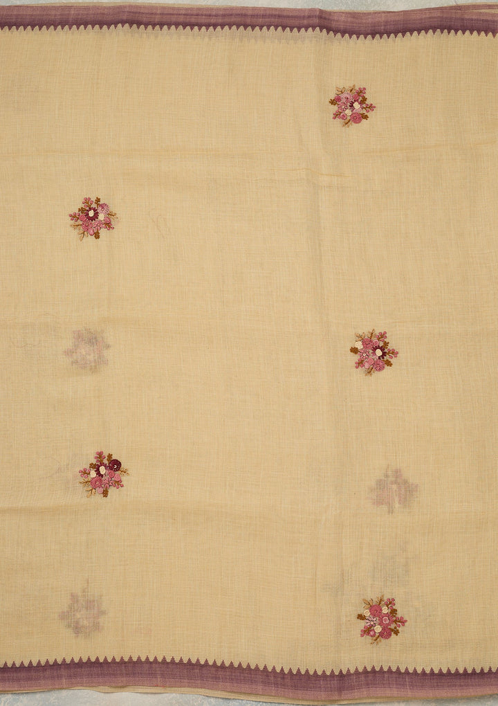 Beige Chanderi Threadwork Saree With Matching Blouse Piece
