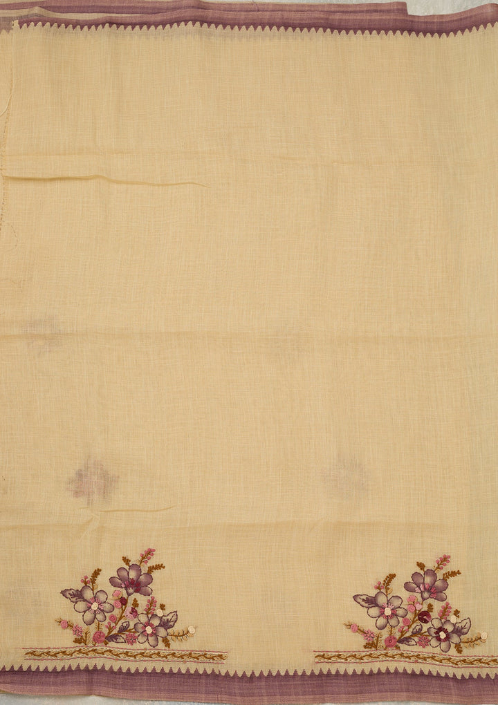 Beige Chanderi Threadwork Saree With Matching Blouse Piece