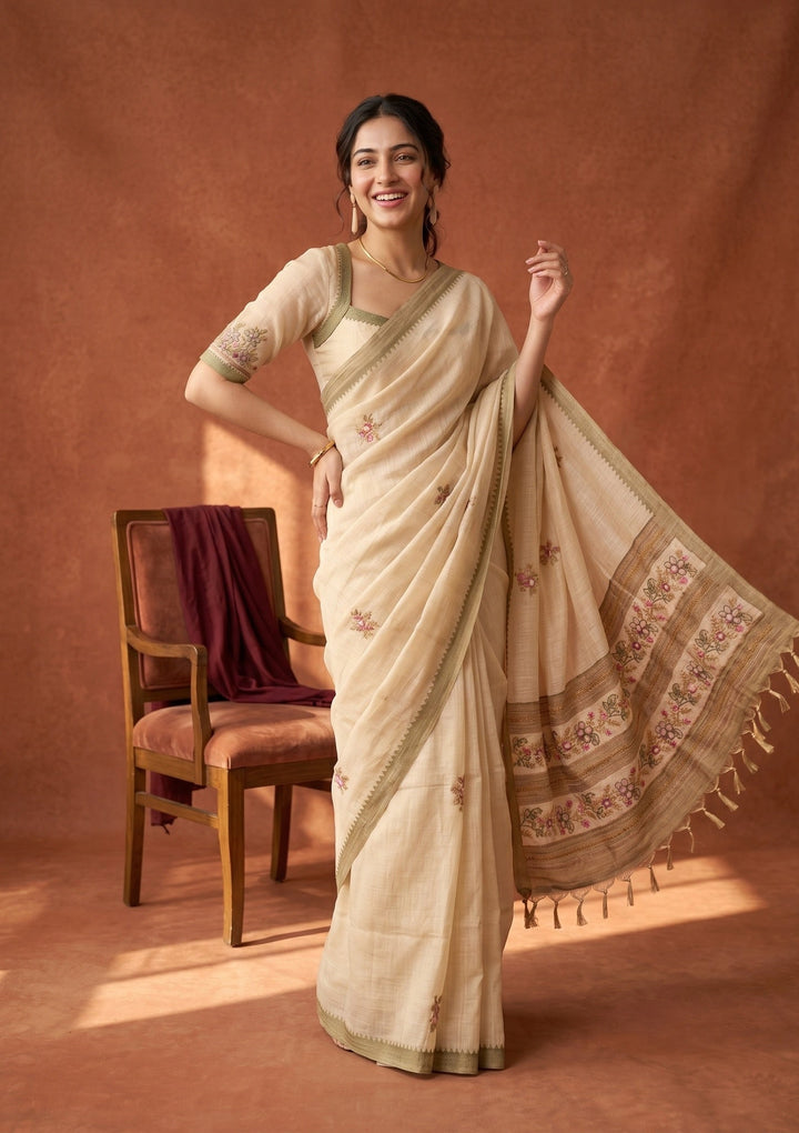 Beige Threadwork Chanderi Saree