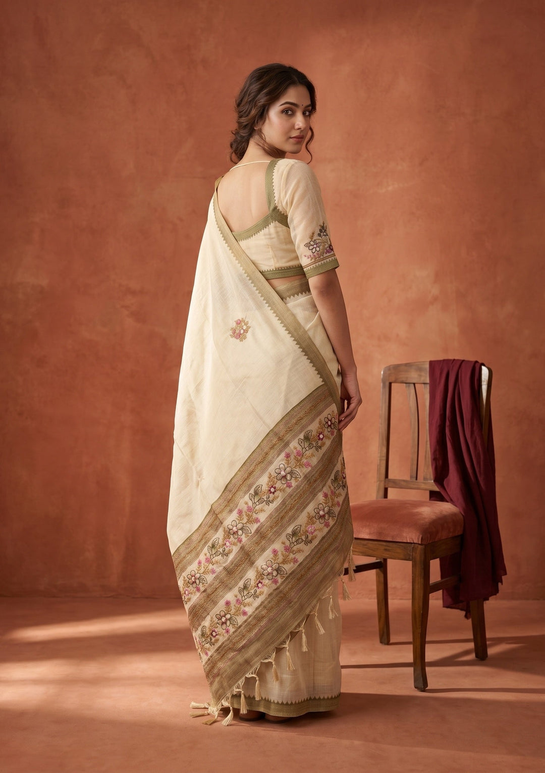 Beige Threadwork Chanderi Saree