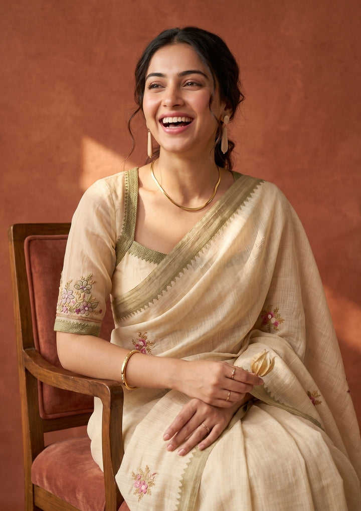 Beige Threadwork Chanderi Saree