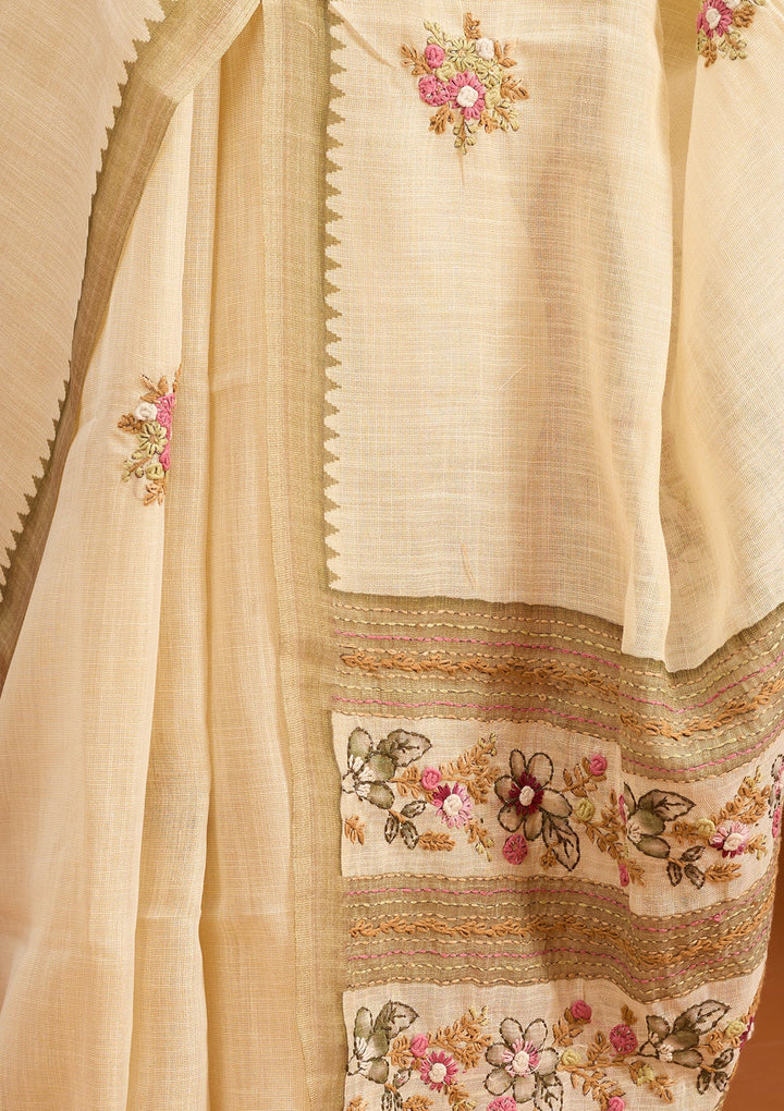Beige Threadwork Chanderi Saree