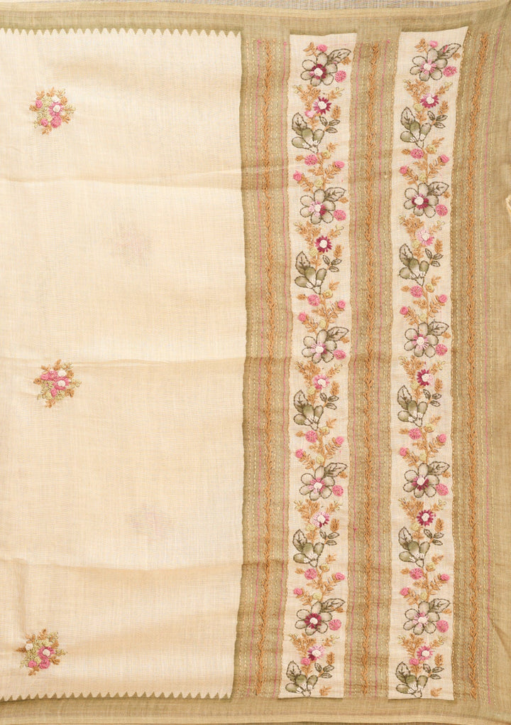 Beige Threadwork Chanderi Saree
