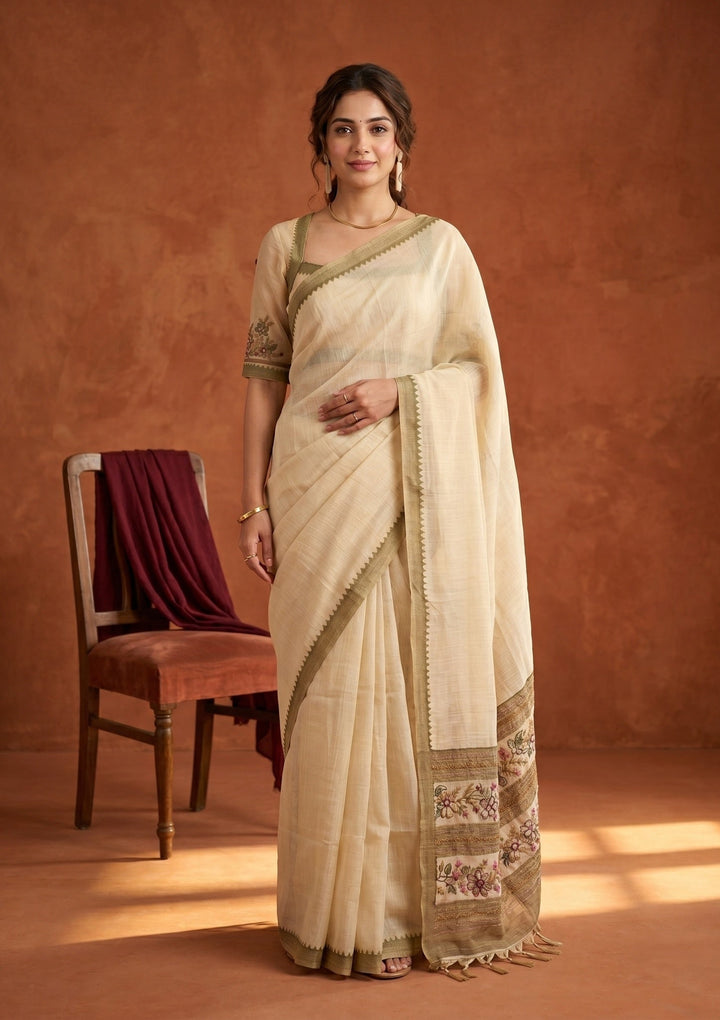 Beige Threadwork Chanderi Saree