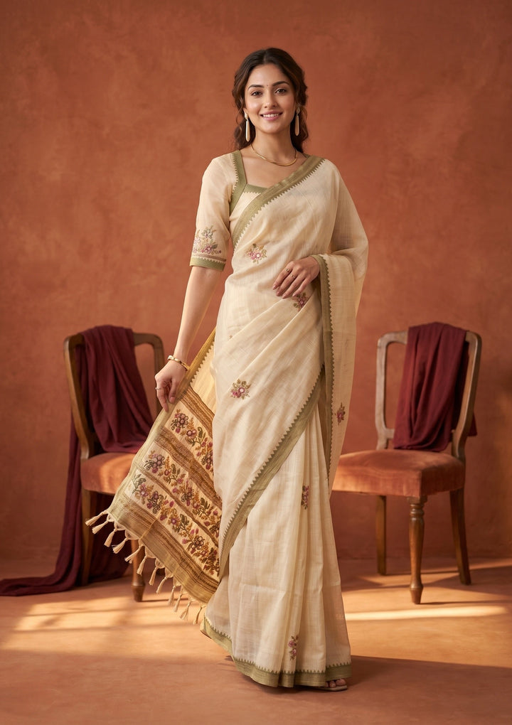 Beige Threadwork Chanderi Saree