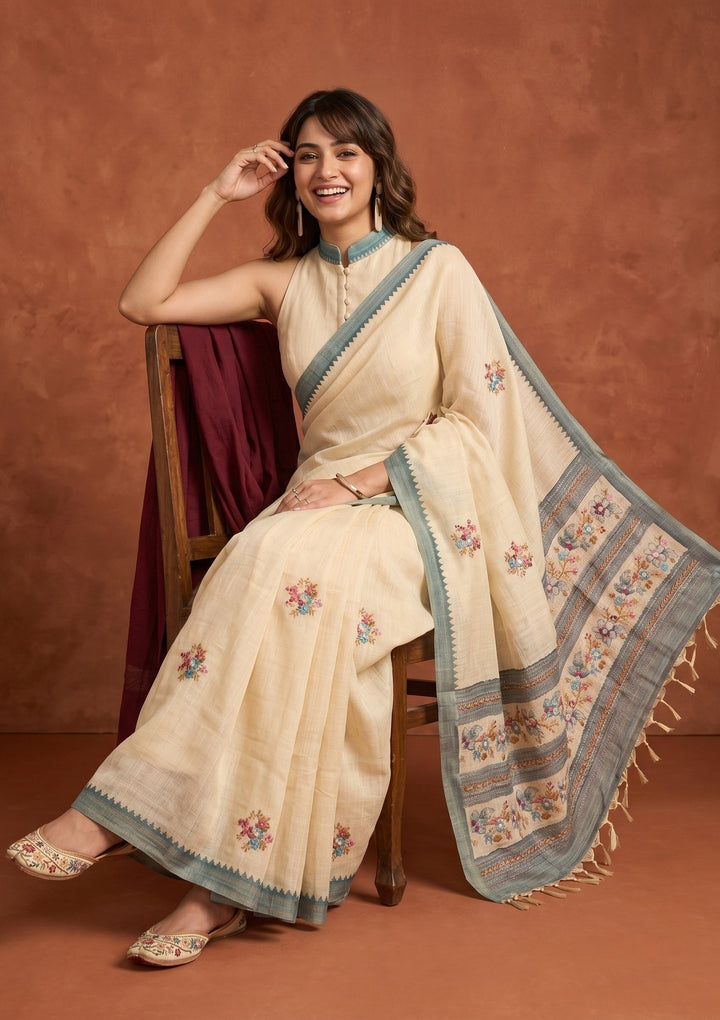 Beige Chanderi Threadwork Saree With Matching Blouse Piece