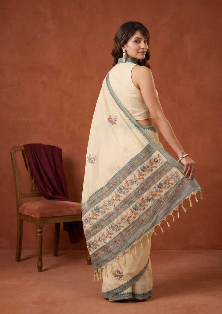 Beige Chanderi Threadwork Saree With Matching Blouse Piece