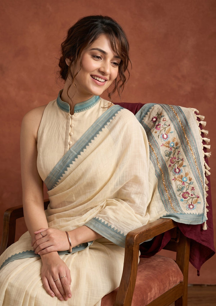 Beige Chanderi Threadwork Saree With Matching Blouse Piece