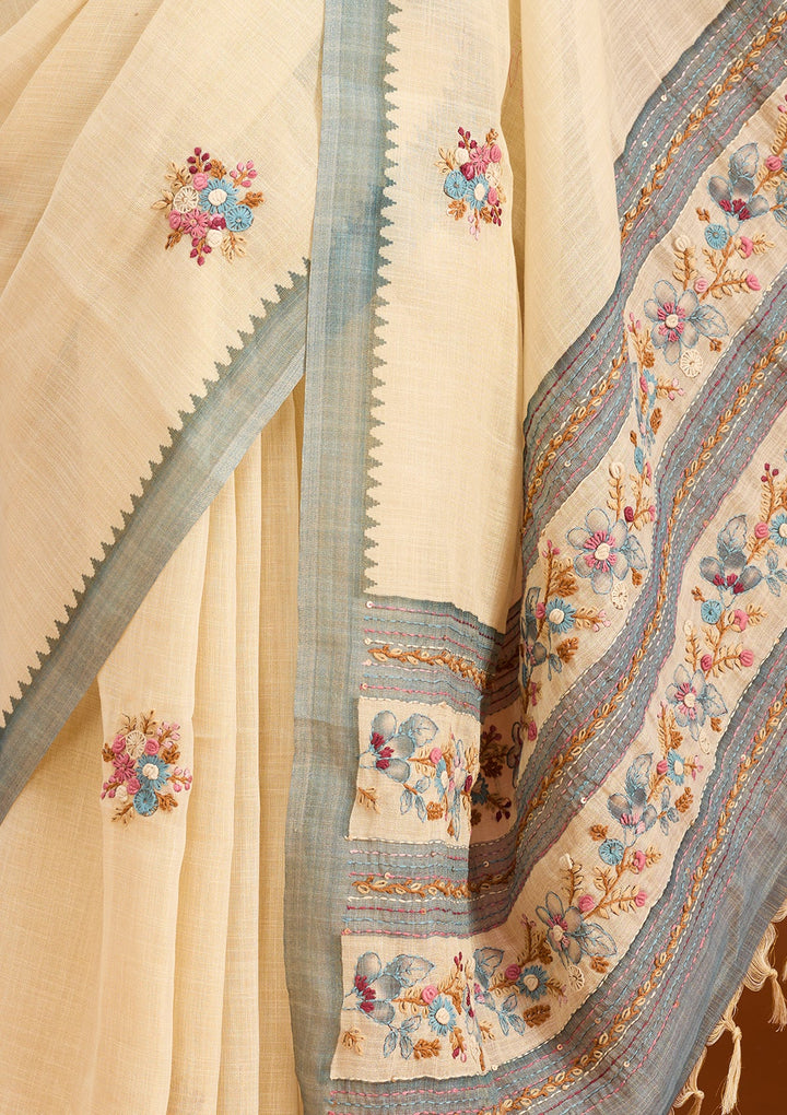 Beige Chanderi Threadwork Saree With Matching Blouse Piece