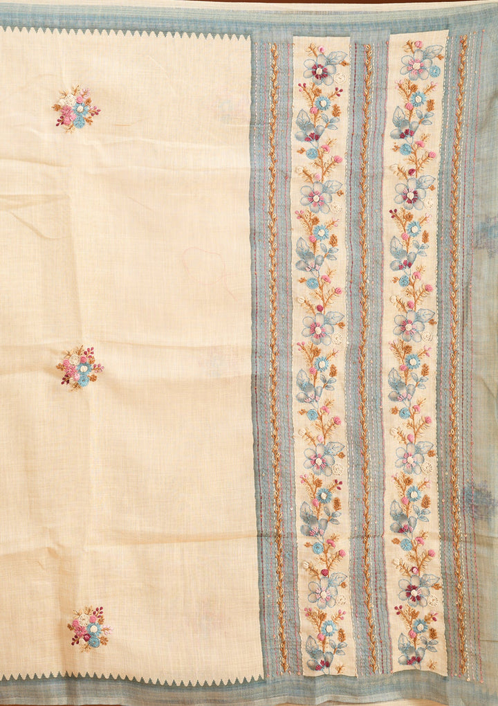 Beige Chanderi Threadwork Saree With Matching Blouse Piece