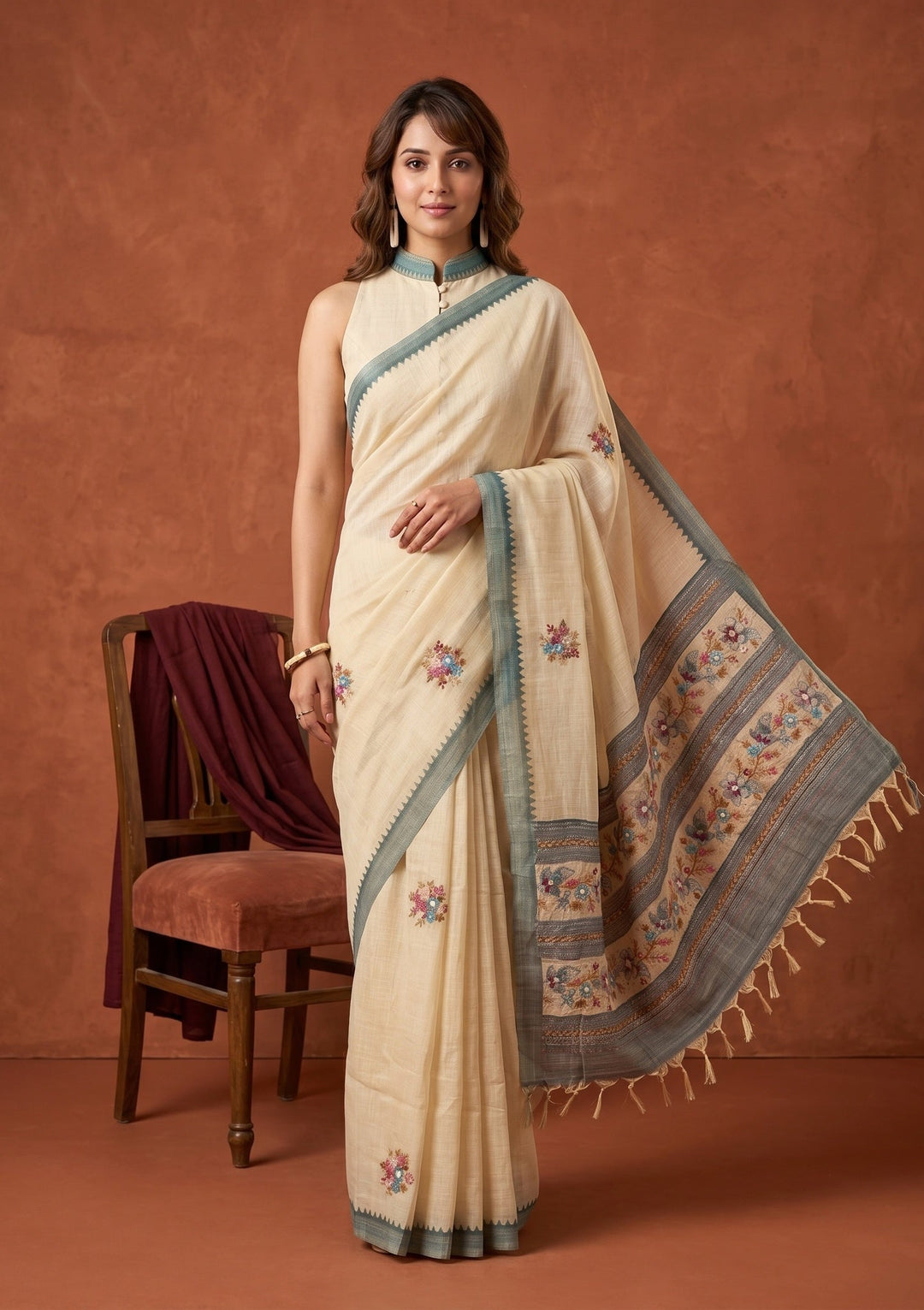 Beige Chanderi Threadwork Saree With Matching Blouse Piece
