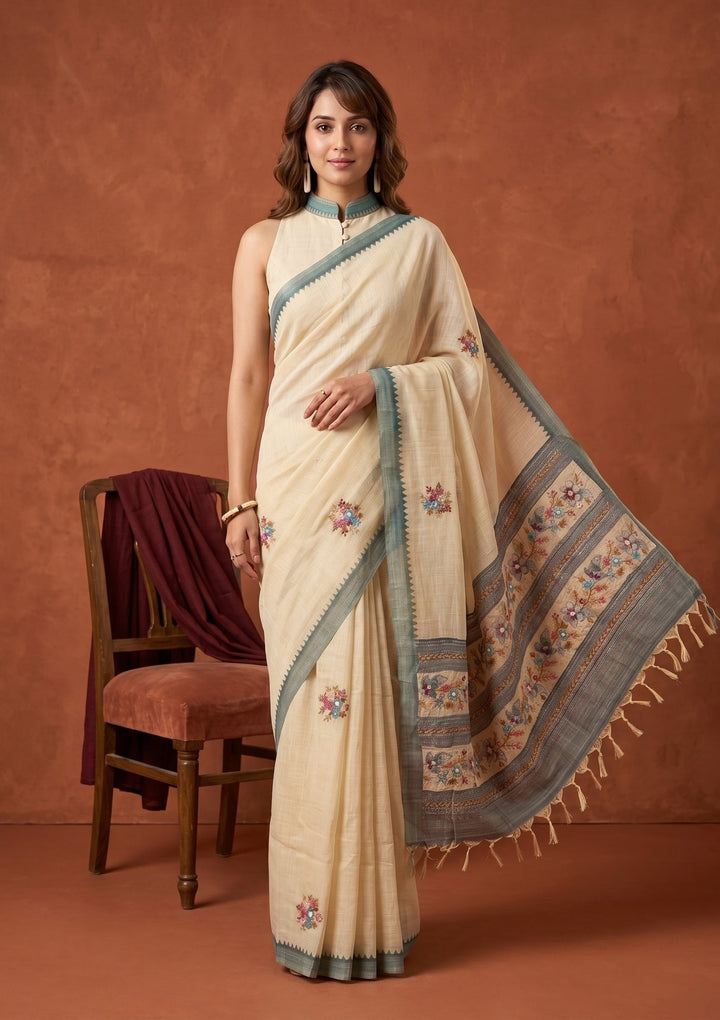 Beige Chanderi Threadwork Saree With Matching Blouse Piece