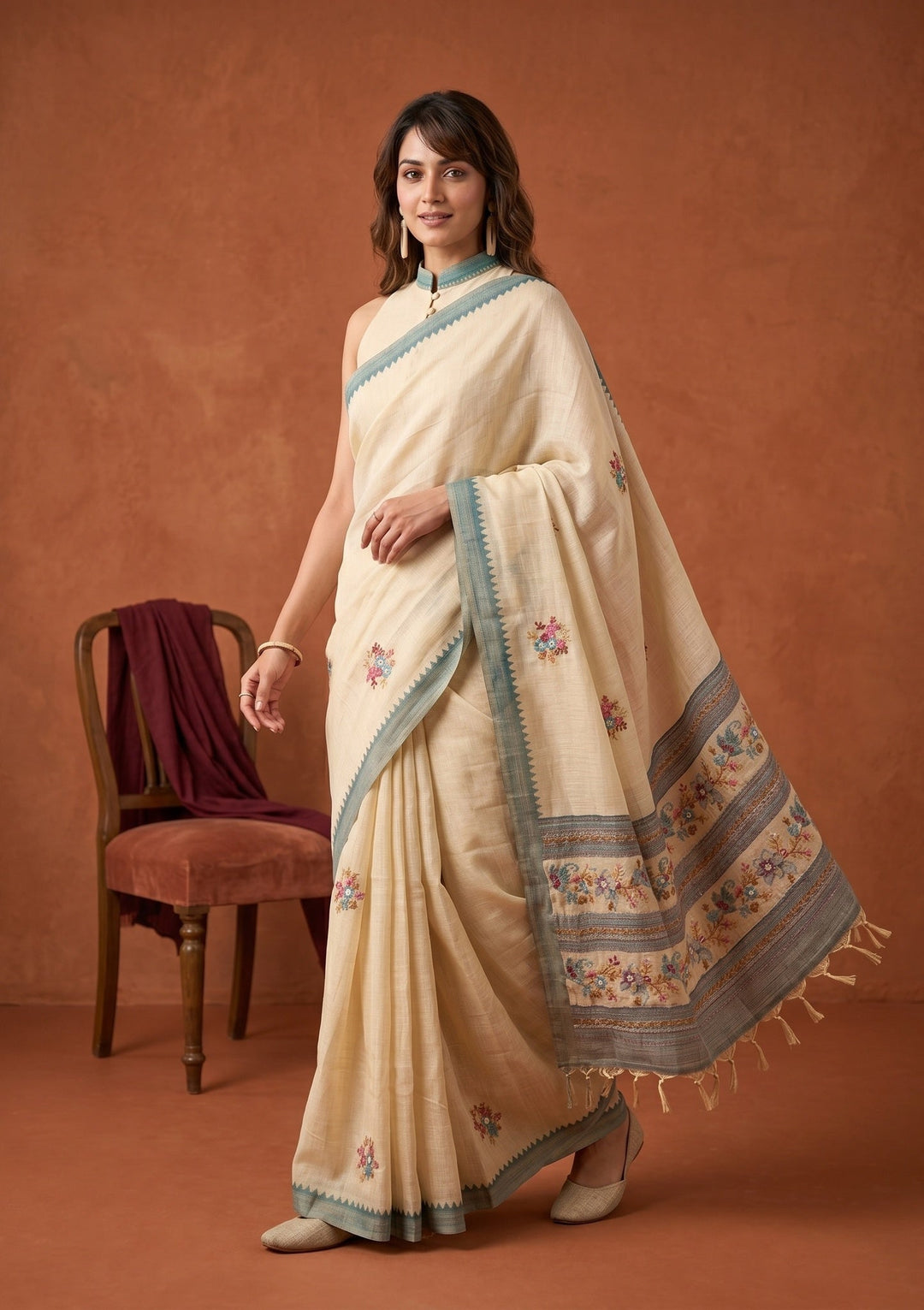Beige Chanderi Threadwork Saree With Matching Blouse Piece