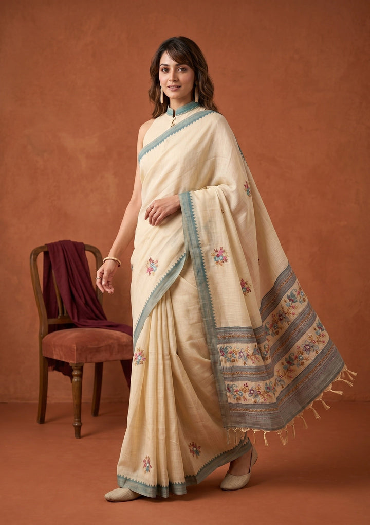 Beige Chanderi Threadwork Saree With Matching Blouse Piece