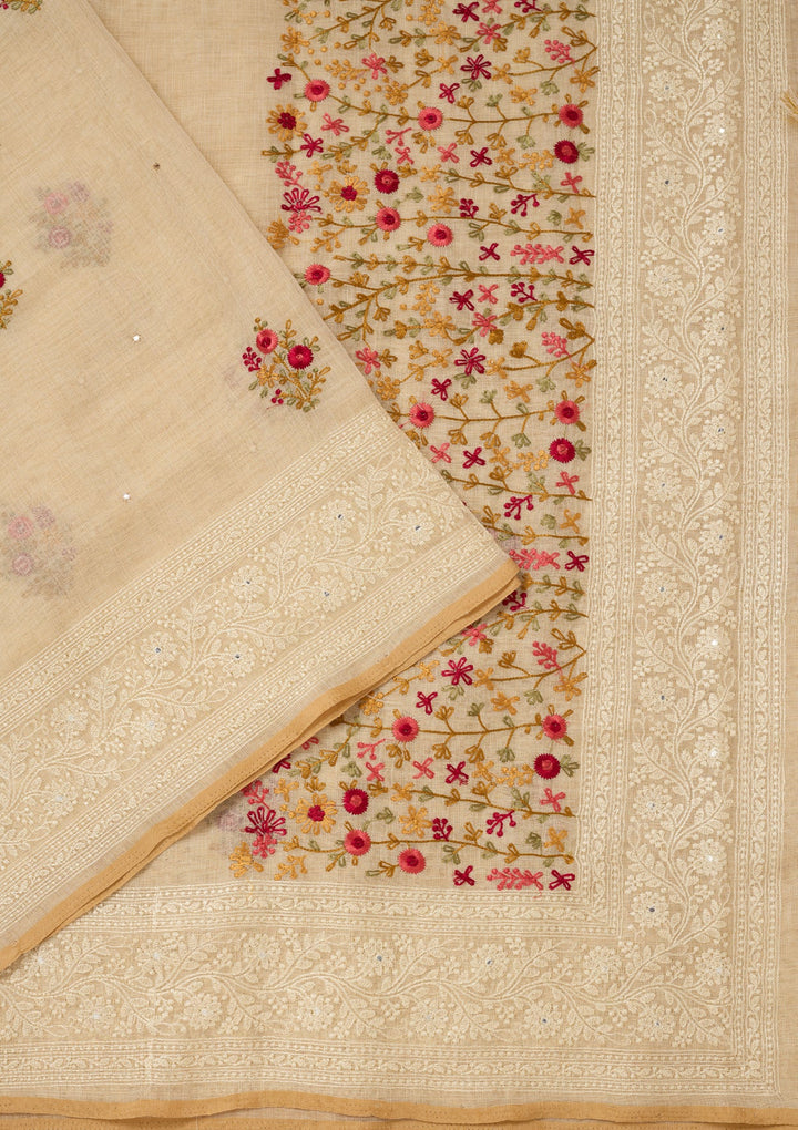 Beige Threadwork Chanderi Saree