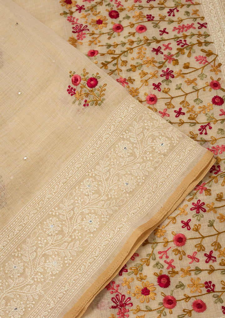 Beige Threadwork Chanderi Saree