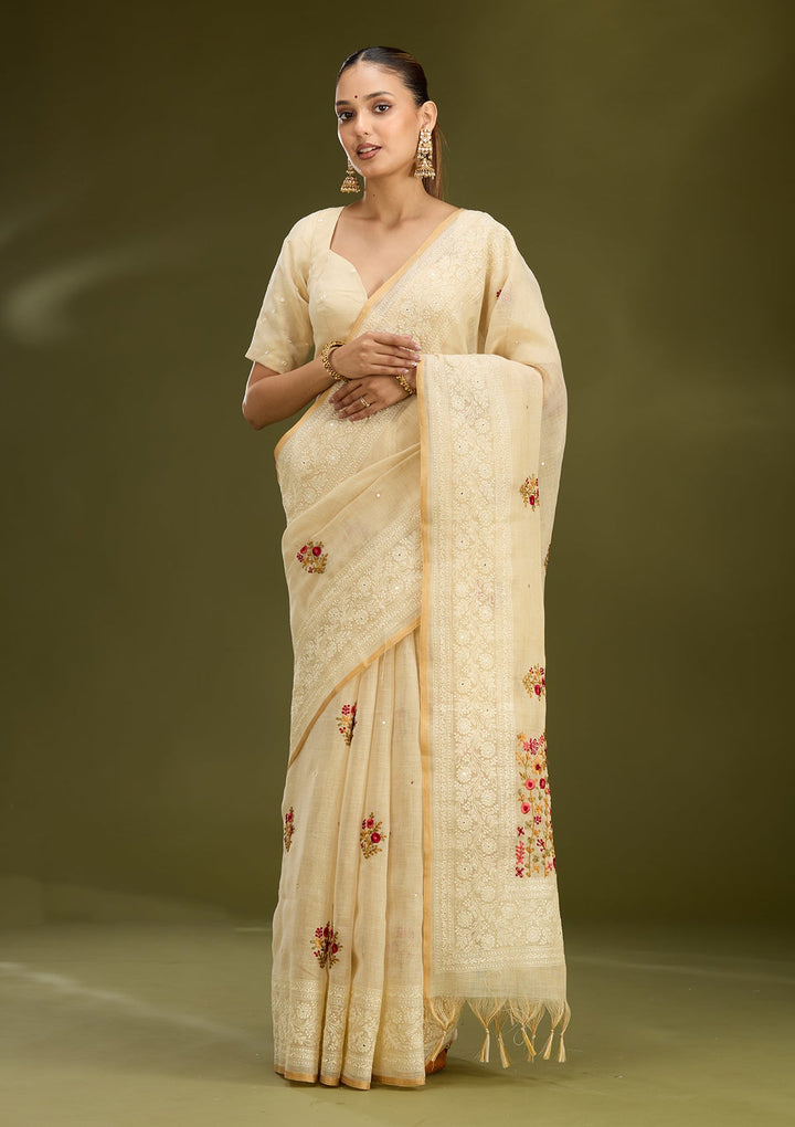 Beige Threadwork Chanderi Saree