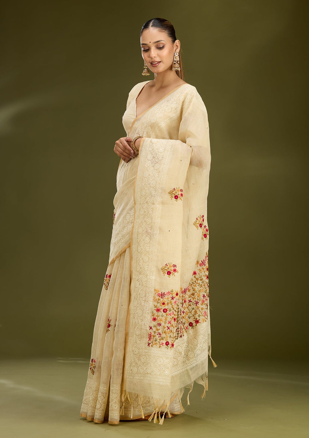 Beige Threadwork Chanderi Saree