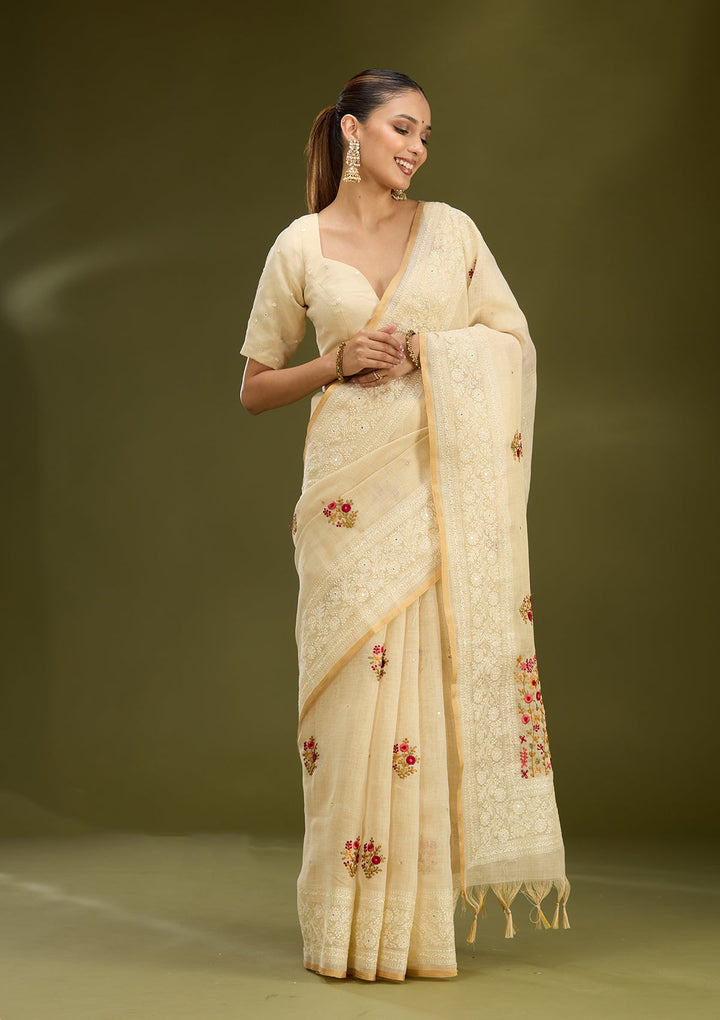 Beige Threadwork Chanderi Saree