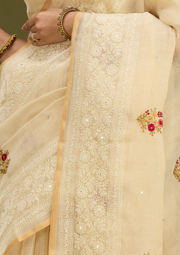 Beige Threadwork Chanderi Saree