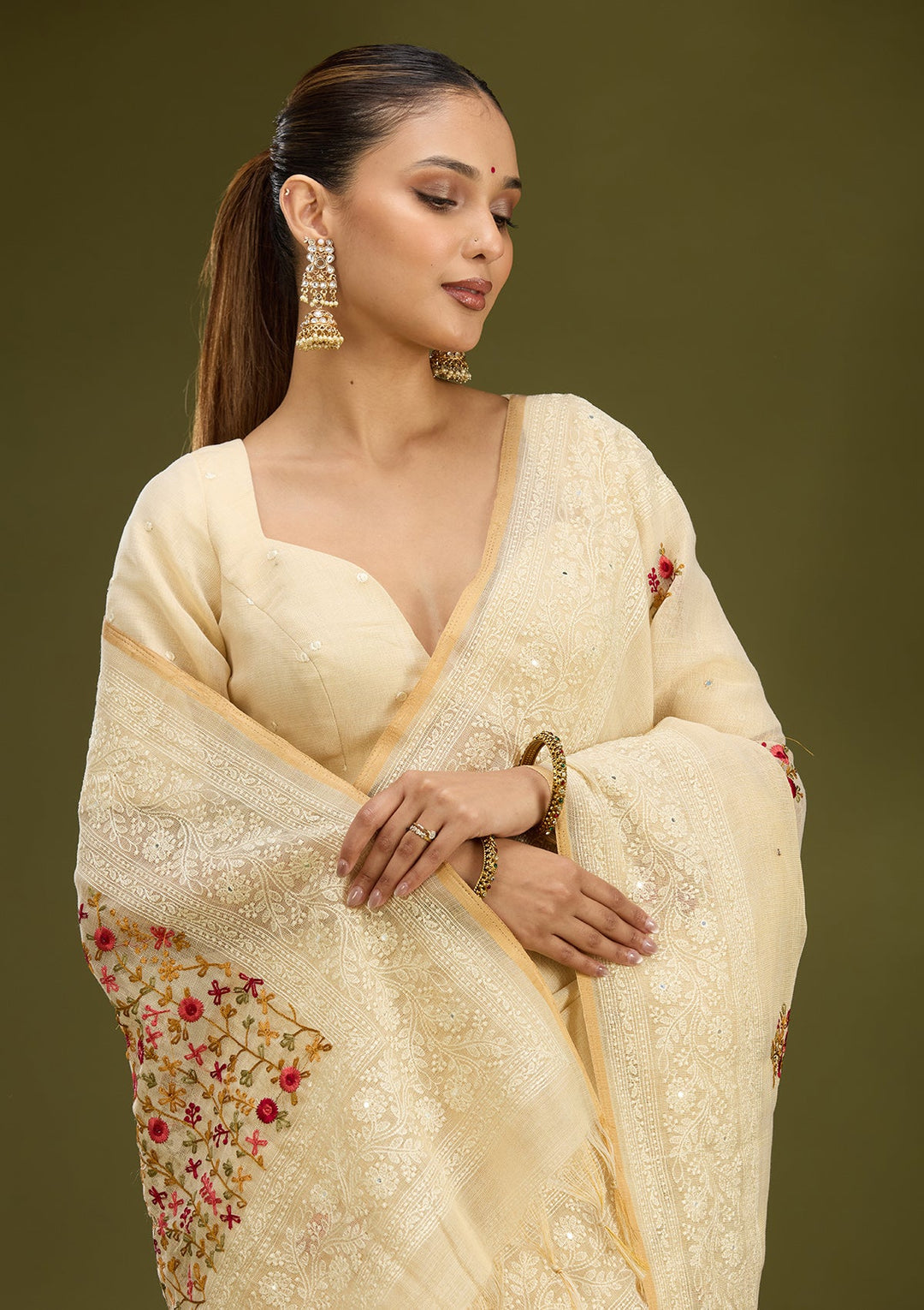 Beige Threadwork Chanderi Saree