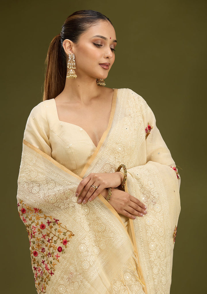Beige Threadwork Chanderi Saree