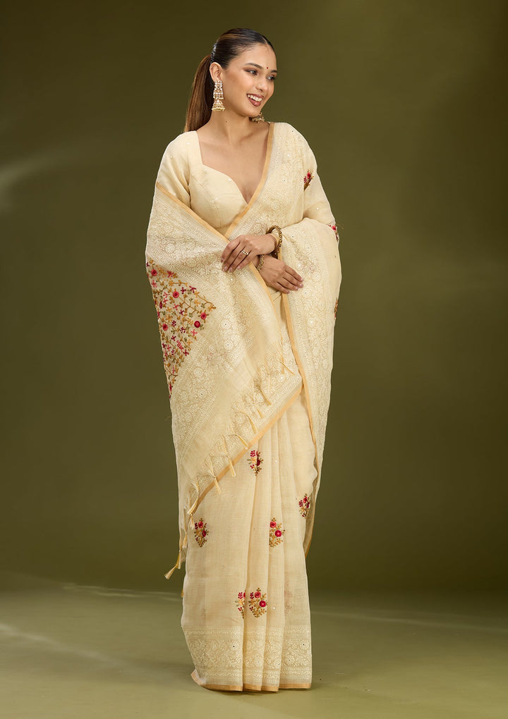 Beige Threadwork Chanderi Saree