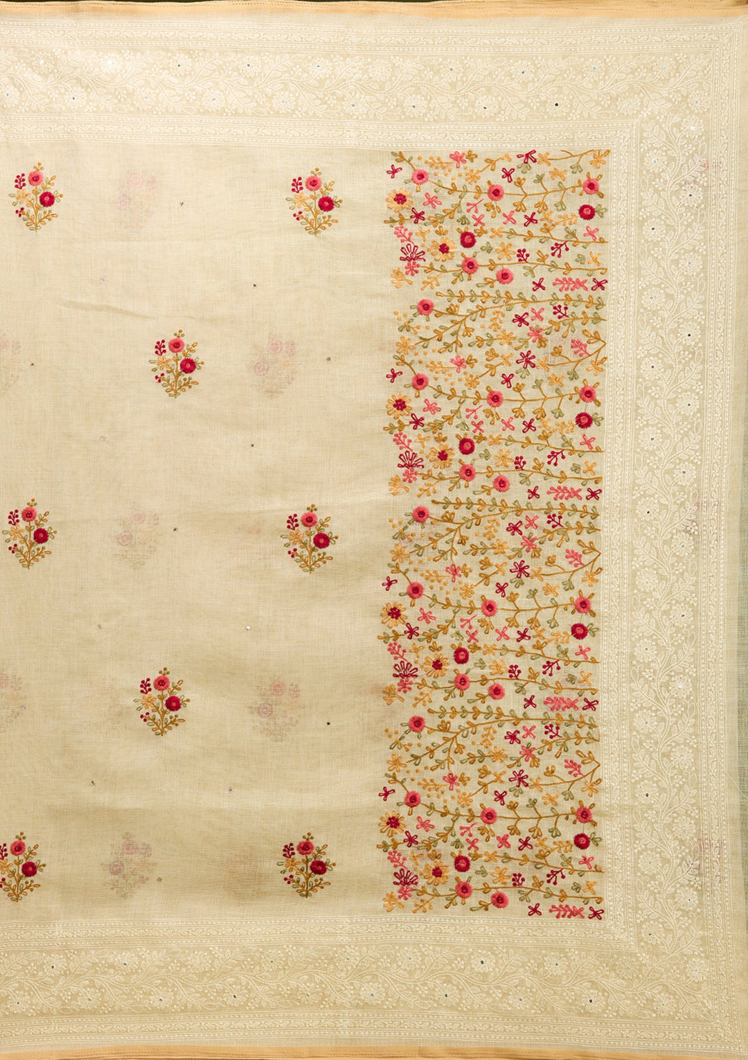 Beige Threadwork Chanderi Saree