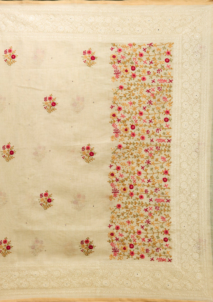 Beige Threadwork Chanderi Saree