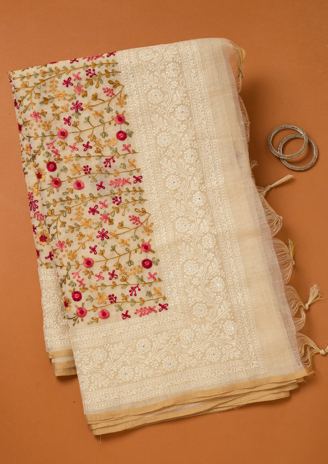 Beige Threadwork Chanderi Saree