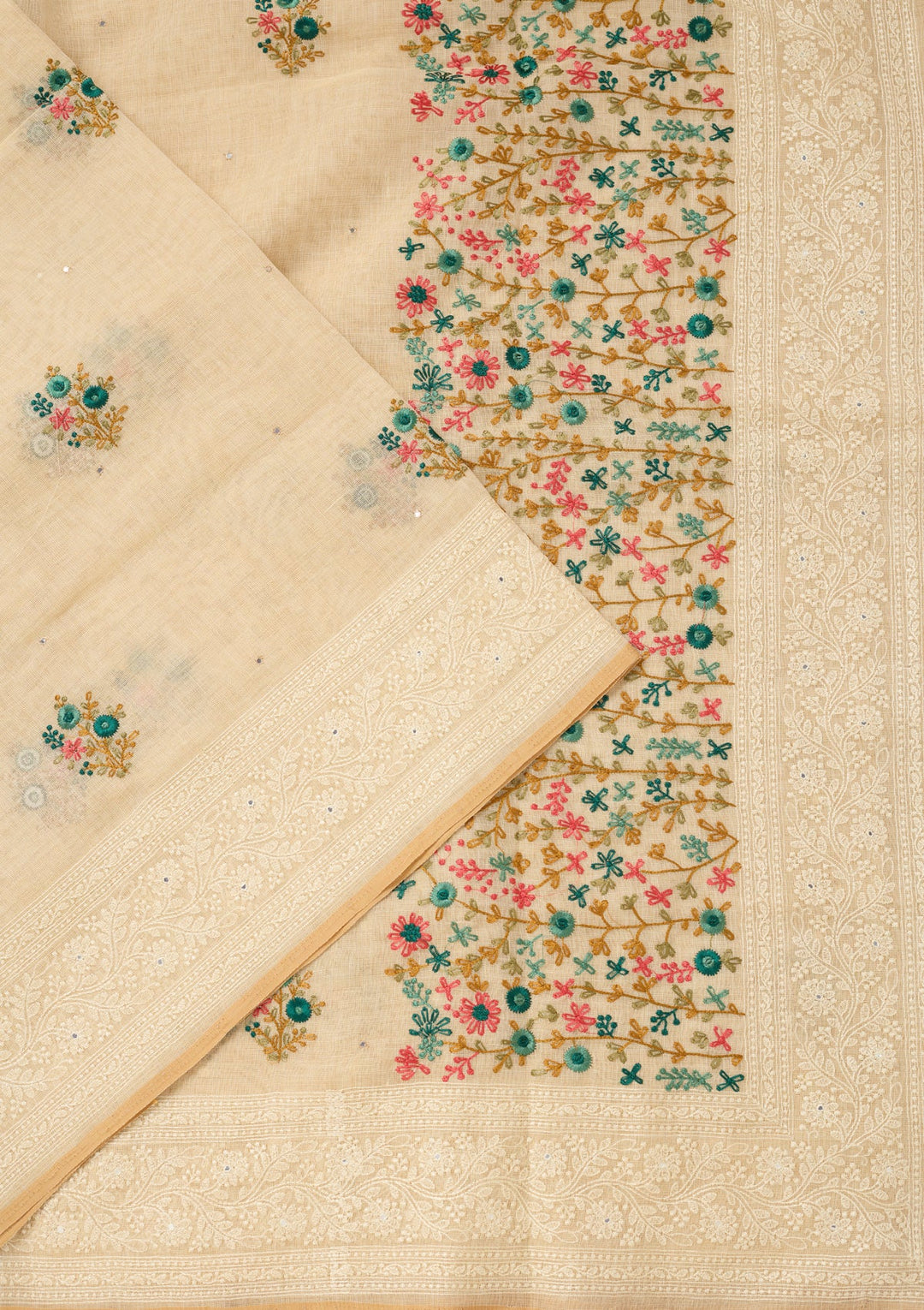 Beige Threadwork Chanderi Saree