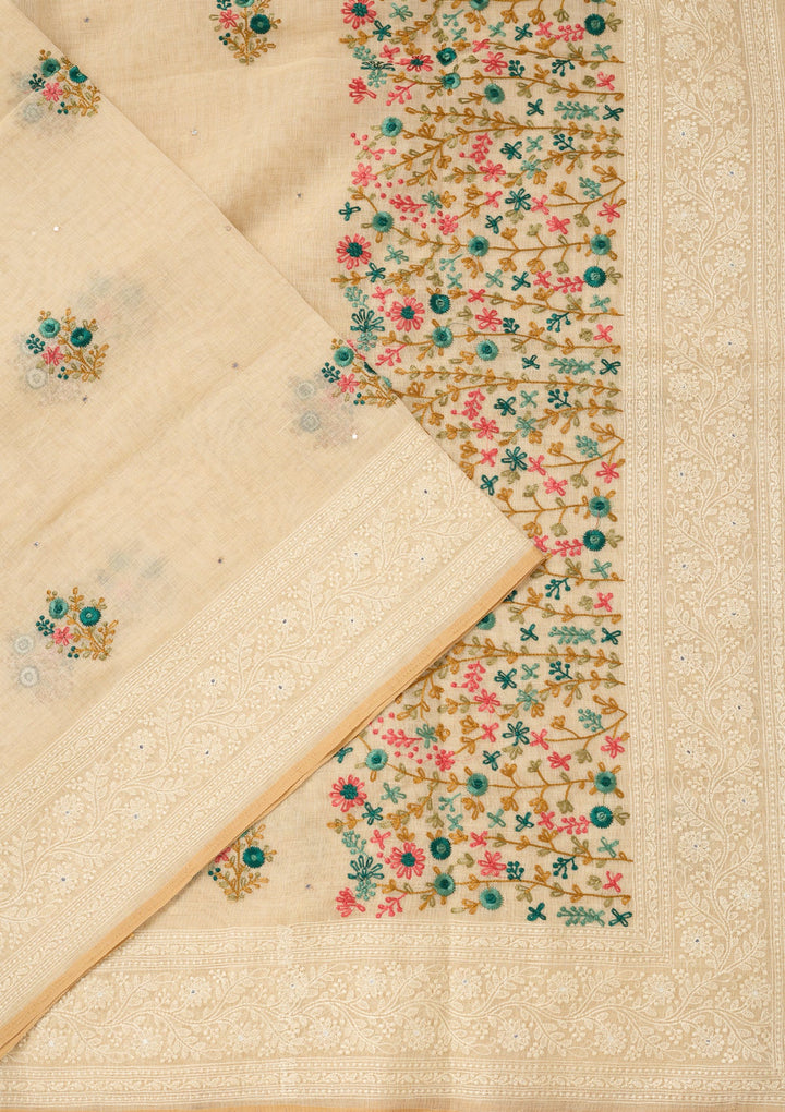 Beige Threadwork Chanderi Saree