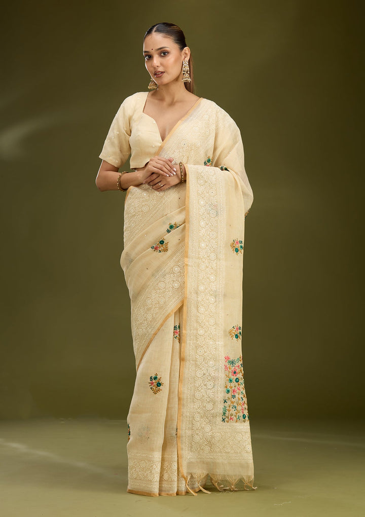 Beige Threadwork Chanderi Saree