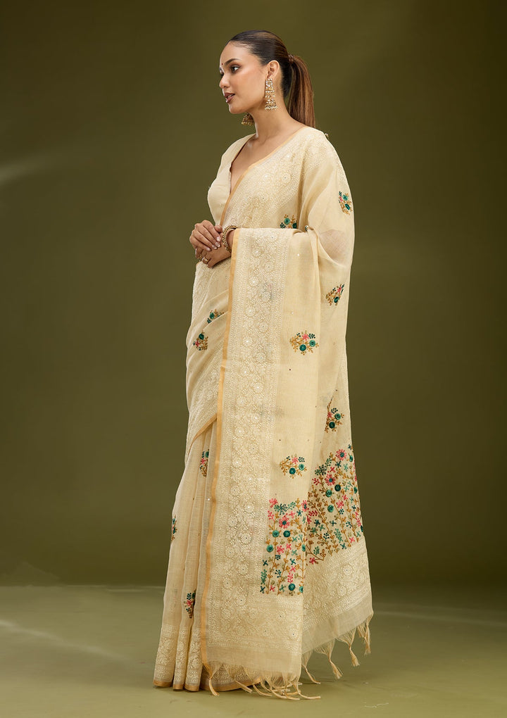 Beige Threadwork Chanderi Saree