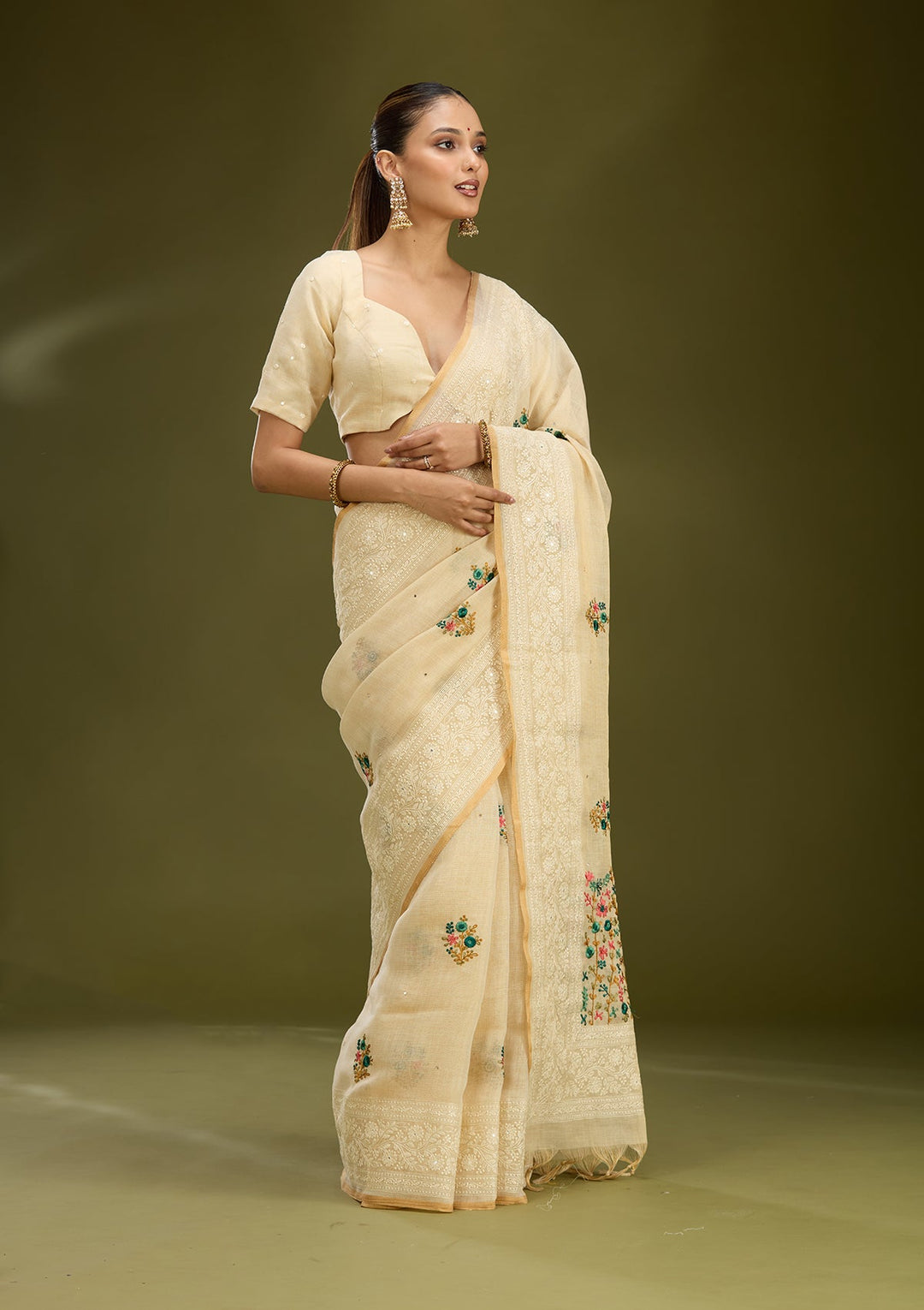 Beige Threadwork Chanderi Saree