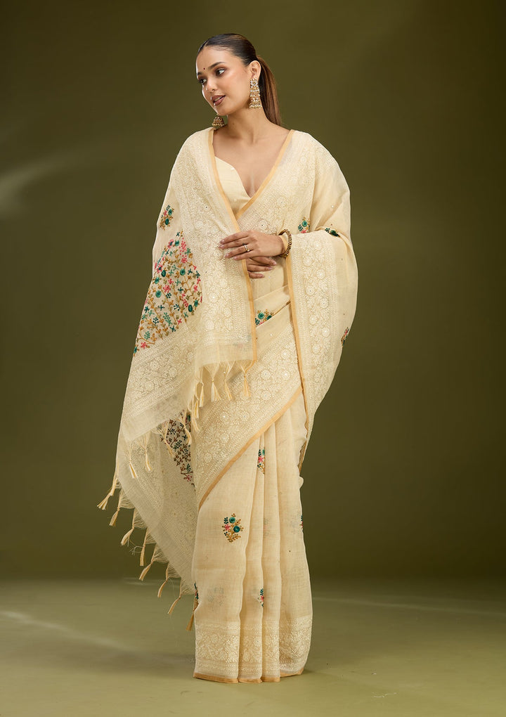 Beige Threadwork Chanderi Saree