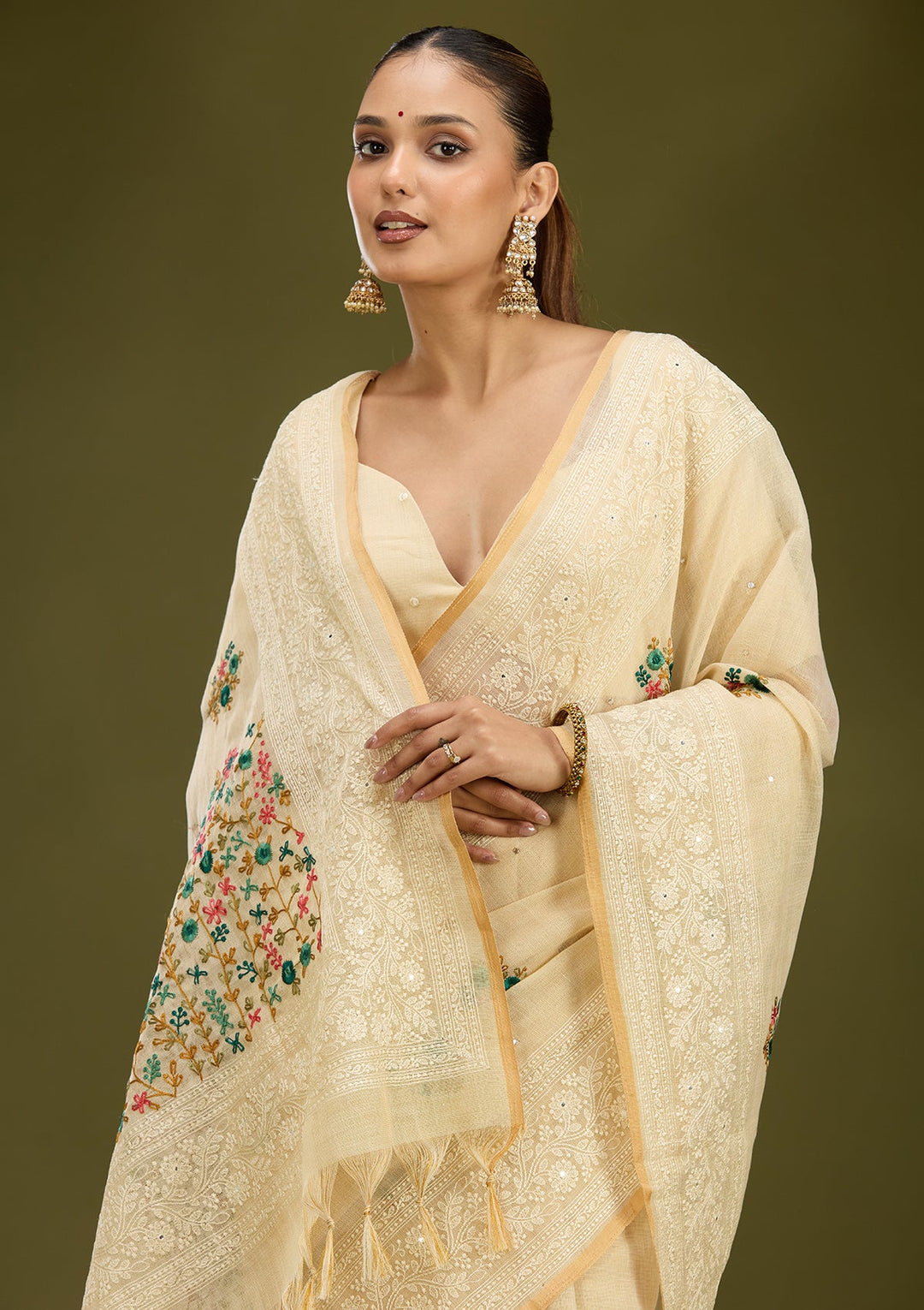 Beige Threadwork Chanderi Saree