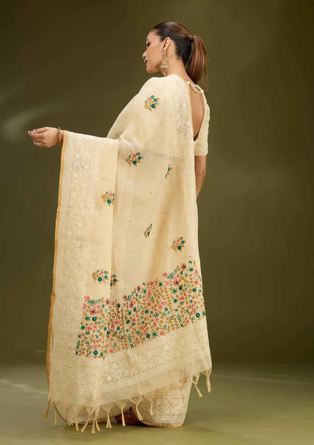 Beige Threadwork Chanderi Saree
