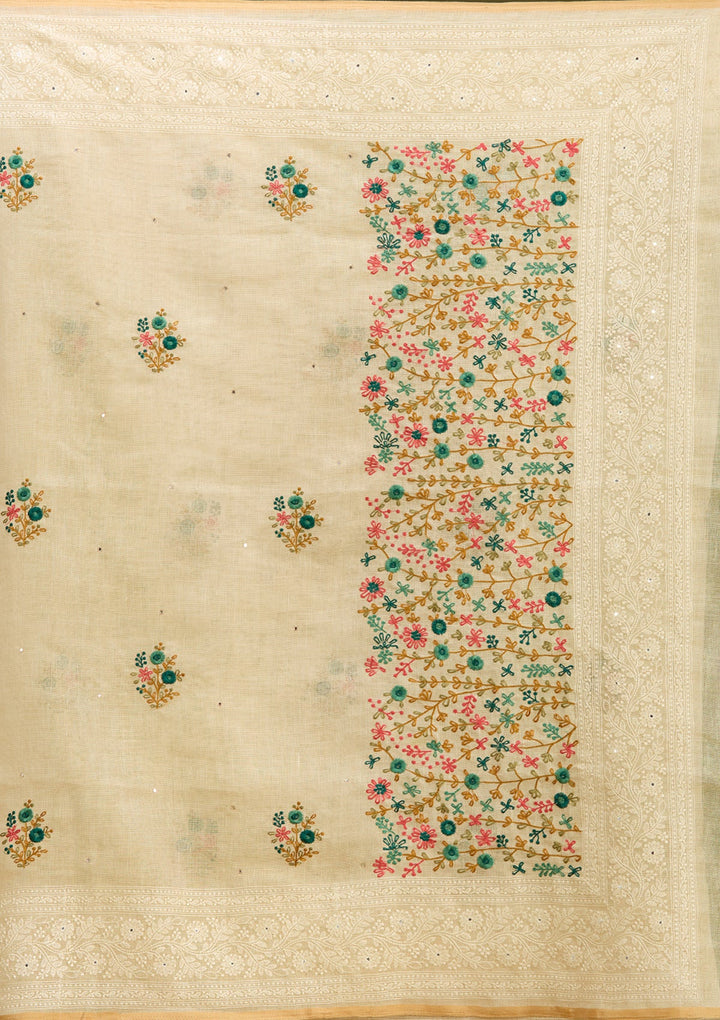Beige Threadwork Chanderi Saree