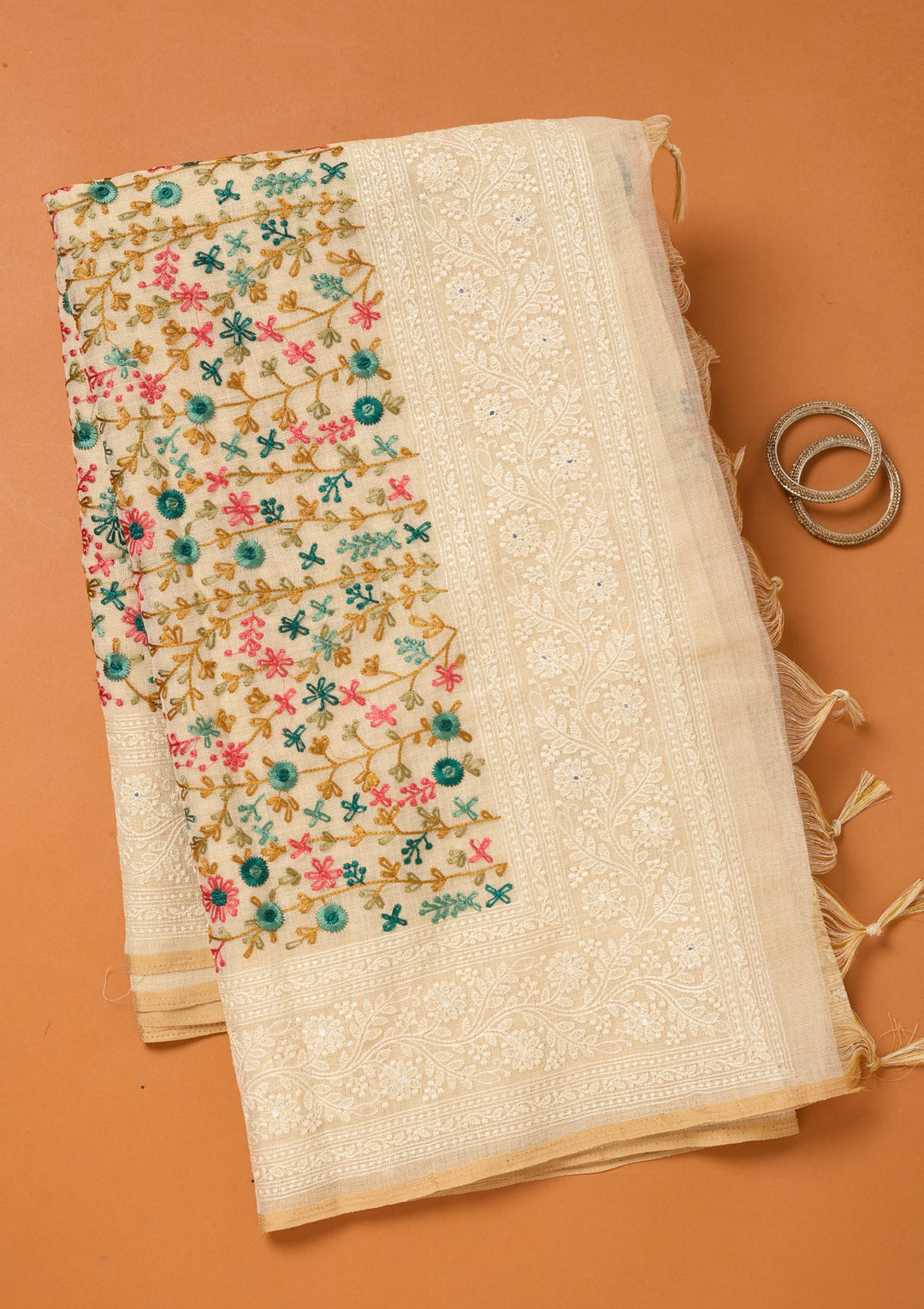 Beige Threadwork Chanderi Saree