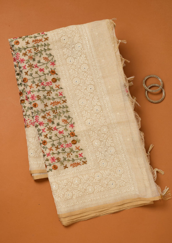 Beige Threadwork Chanderi Saree