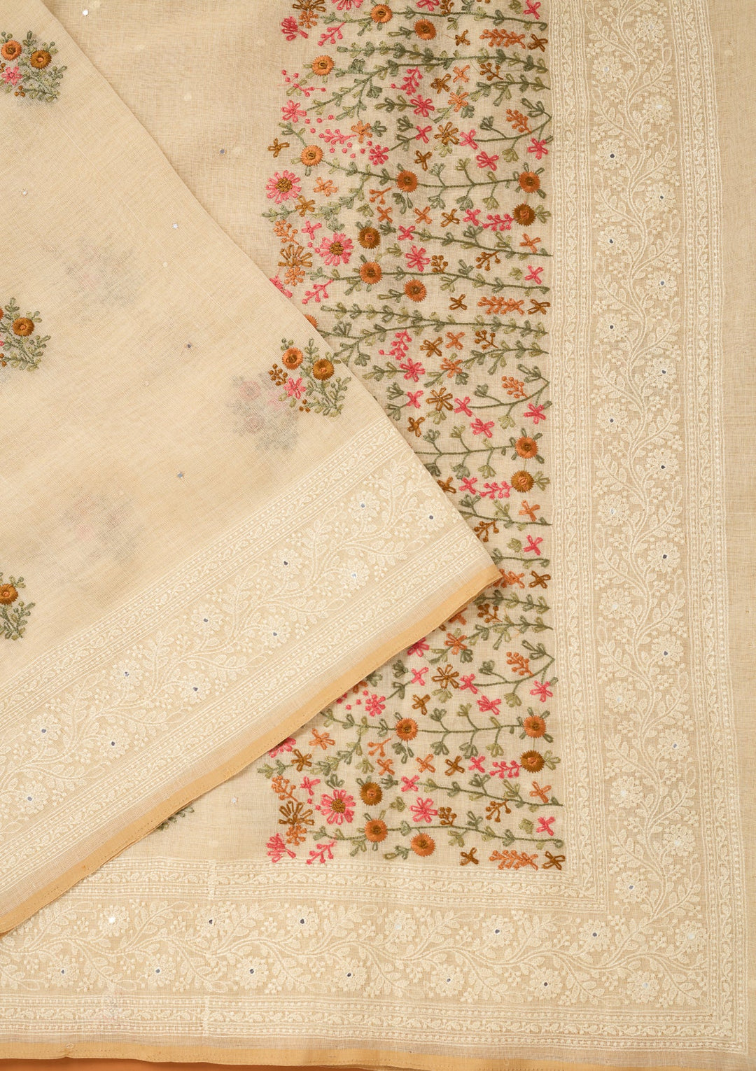 Beige Threadwork Chanderi Saree