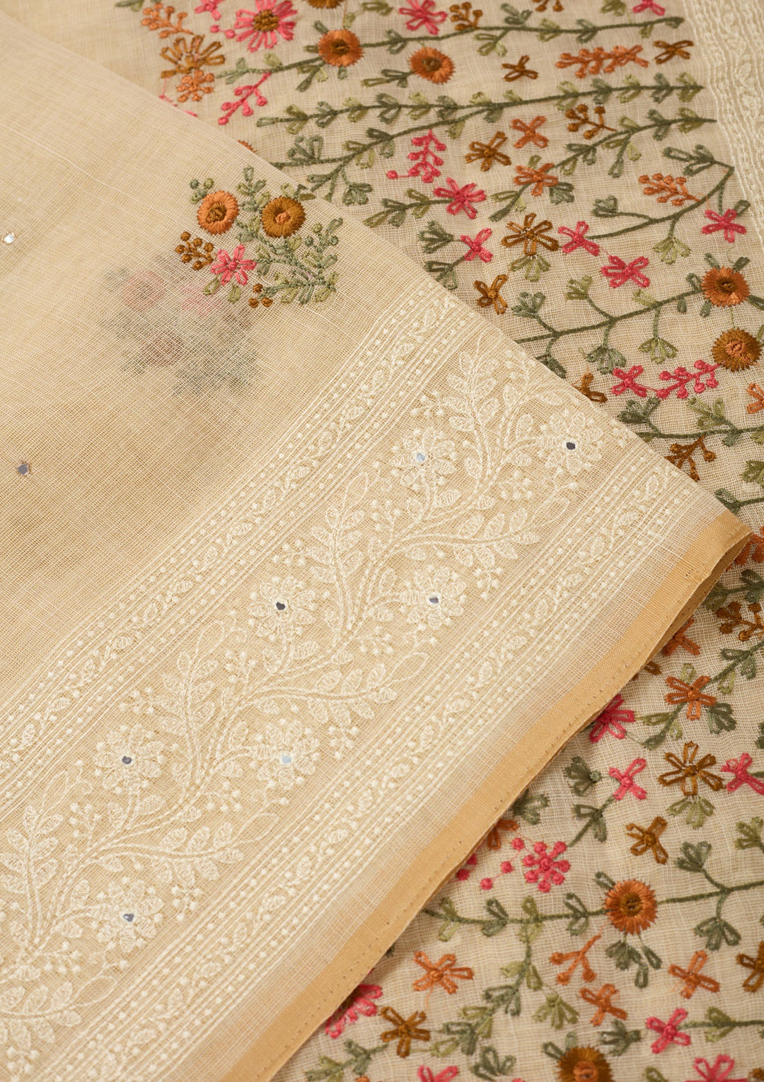 Beige Threadwork Chanderi Saree