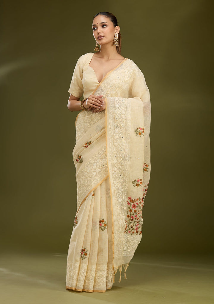 Beige Threadwork Chanderi Saree