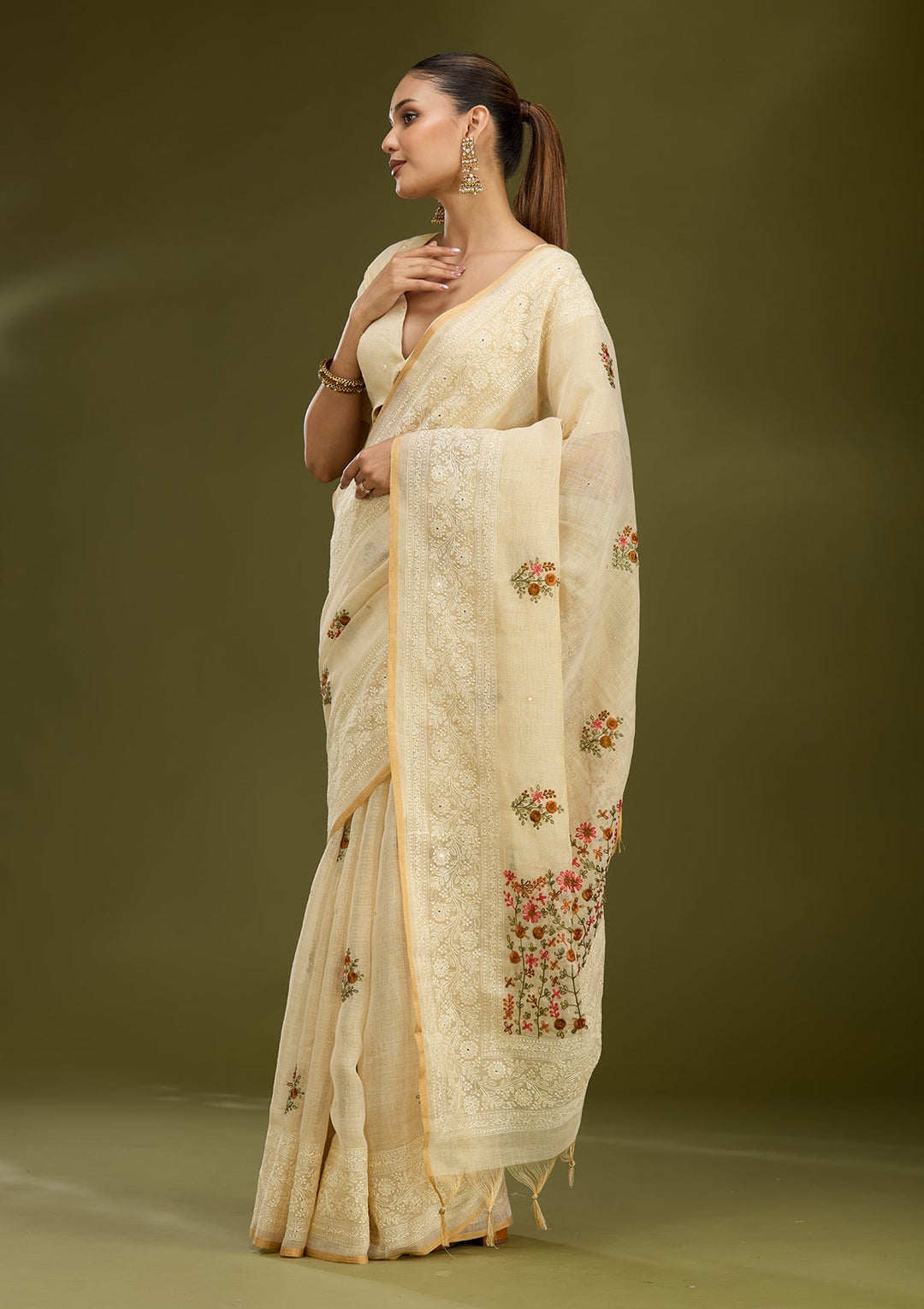 Beige Threadwork Chanderi Saree