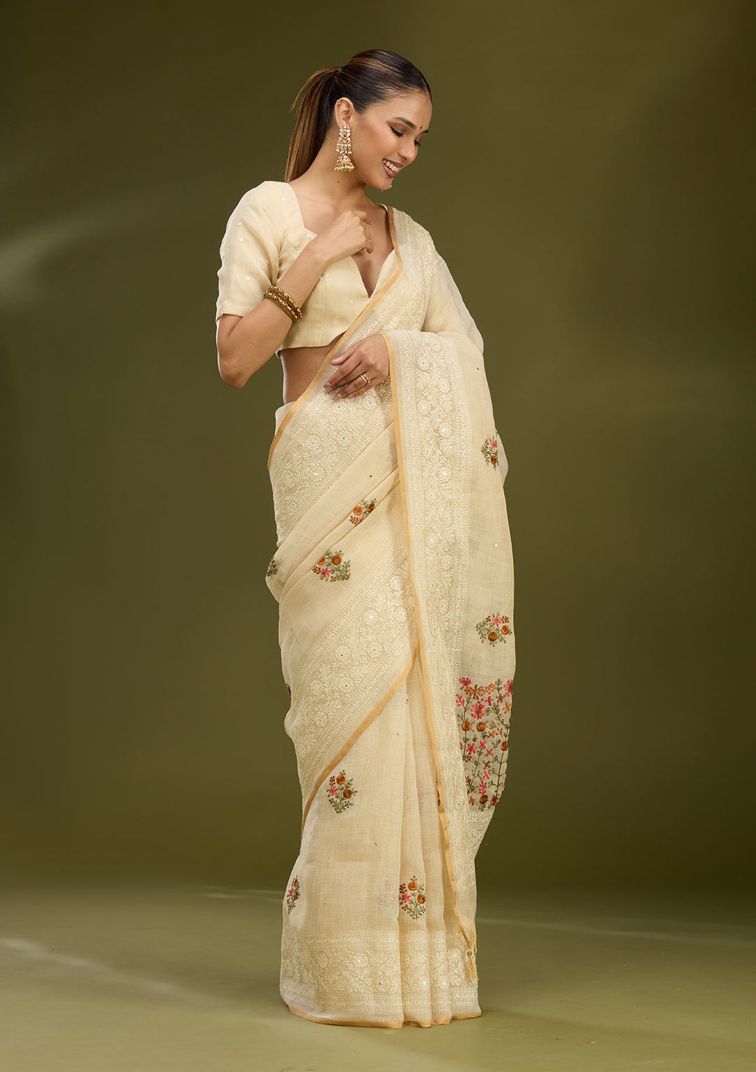 Beige Threadwork Chanderi Saree