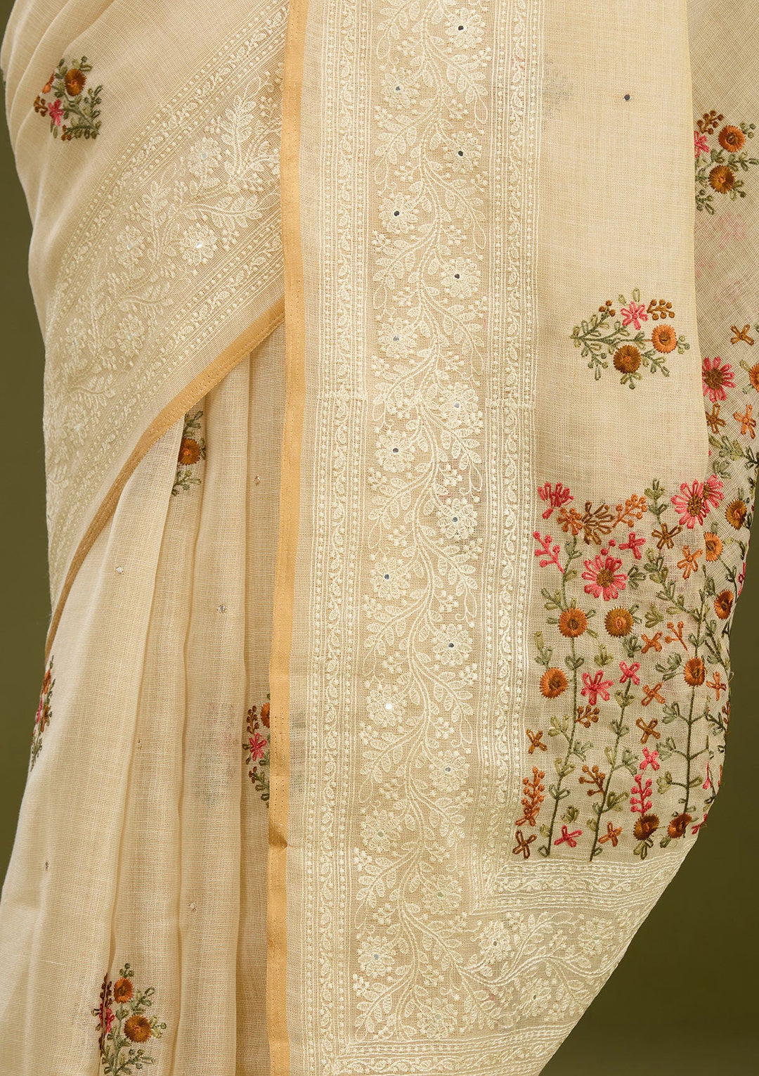 Beige Threadwork Chanderi Saree