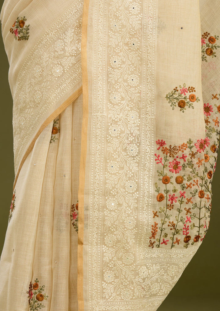 Beige Threadwork Chanderi Saree