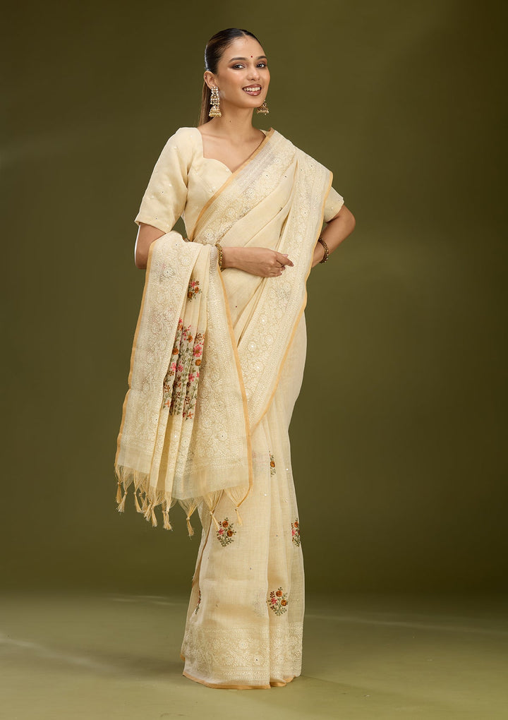 Beige Threadwork Chanderi Saree