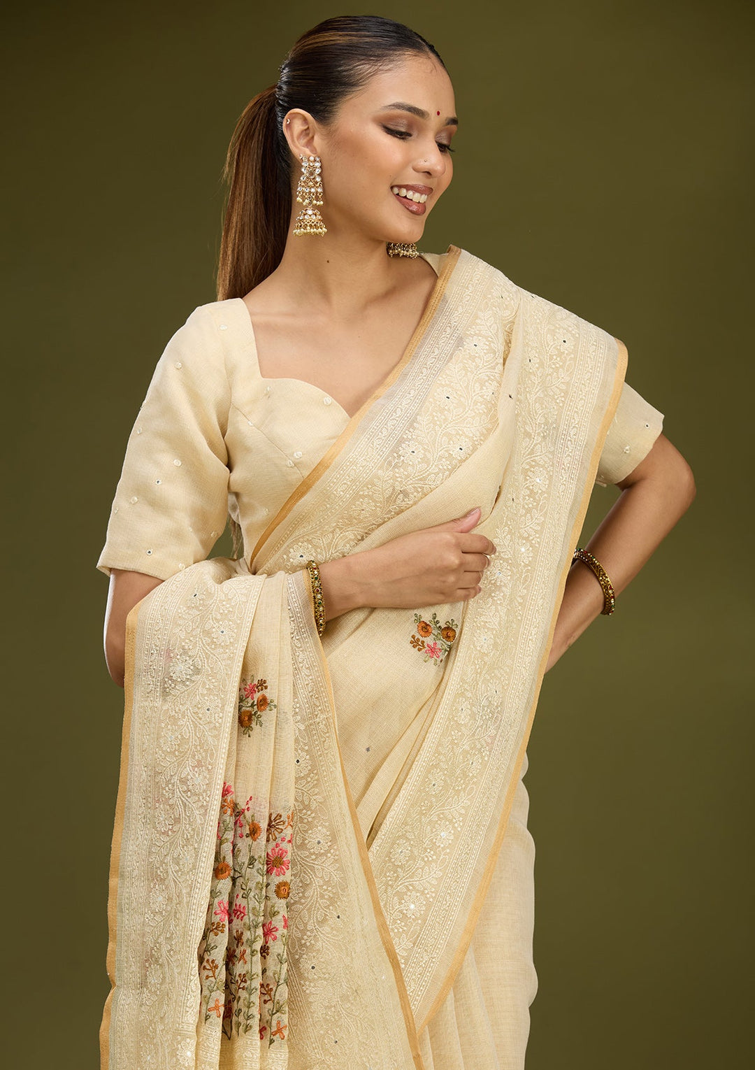 Beige Threadwork Chanderi Saree